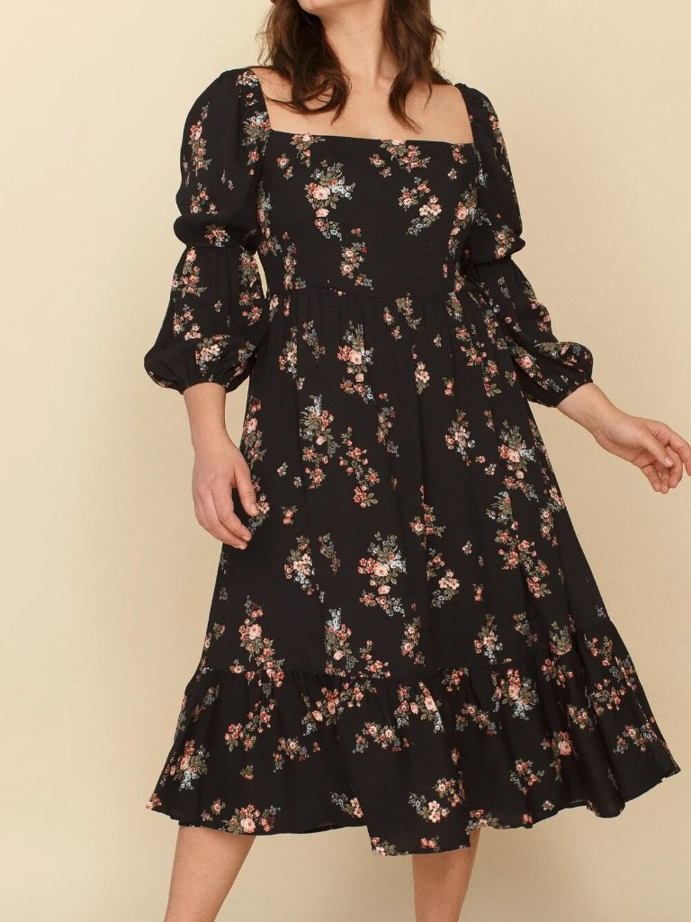 Reformation Mica Black Smocked Bodice Floral Print Midi Dress 1X